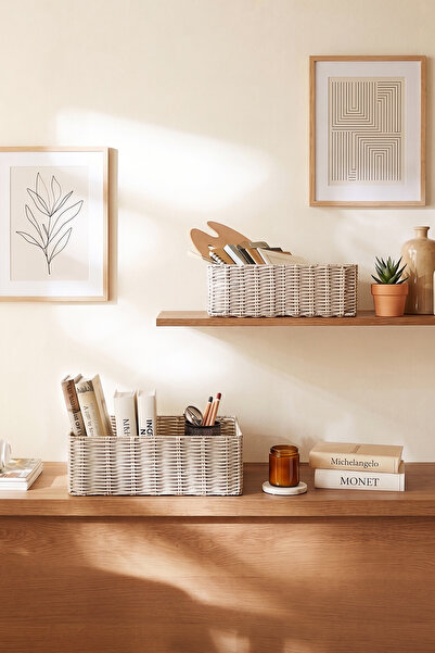 Ocean Home Textile 2'li Yıkanabilir Gri PP Rattan Dolap İçi Çamaşır Çocuk Odası Oyuncak Düzenleyici Saklama Sepeti Organizer 33x23x11/ 39x29x13