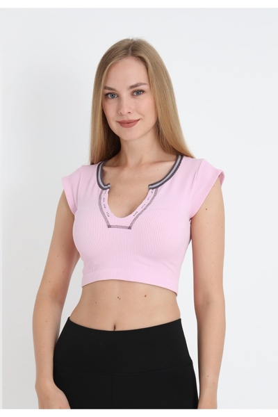 ELEGANZA Γυναικείο κοντομάνικο crop μπλουζάκι με βαθύ ντεκολτέ και ελαστικό ύ...