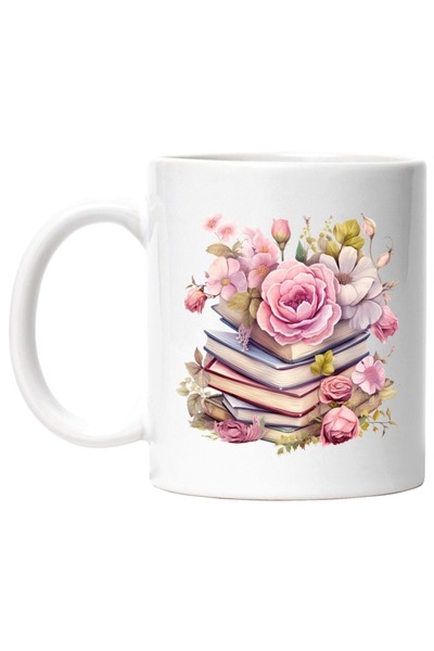 INOVATIX Personalized white mug, a stack of books, flowers, pink, reading, pl...