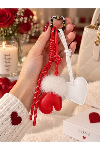 Kesene Charm Bag Ornament with Cute White Heart and Furry Glove Figure, Plush Detailed Bag & Key Accessory