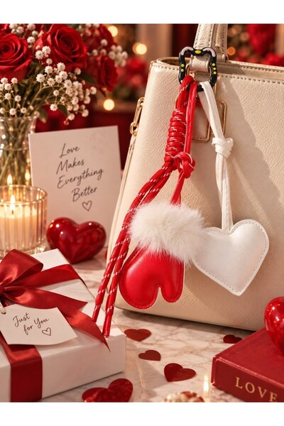Kesene Charm Bag Ornament with Cute White Heart and Furry Glove Figure, Plush Detailed Bag & Key Accessory