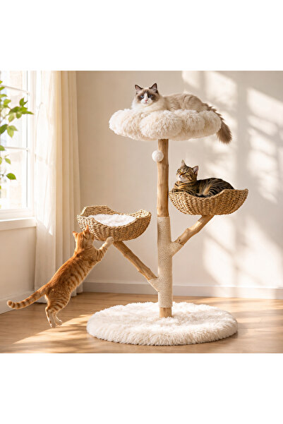 Smart Vibe KATO™ WoodLounge Cat Playset, Wooden Tree, Panoramic Platform, Cream