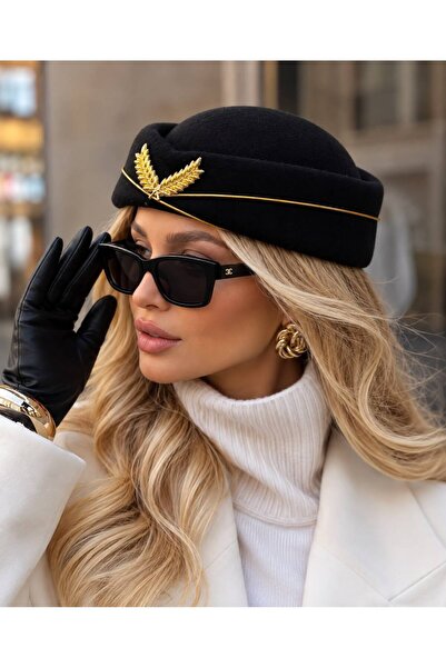 Trend Şapka 19120 Aksesuarlı Kadın Siyah Yün Keçe Bere Şapka Hostes Modeli