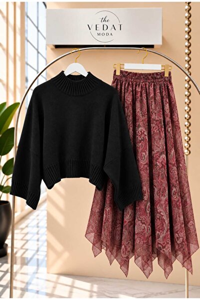 MODA VEDAT Kadın Oversize Triko Bluz - Asimetrik Kesim Tül Etekli Takım -0630