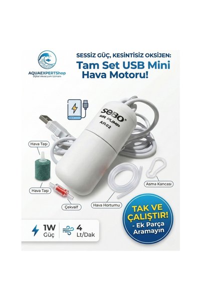 Sobo USB Girişli Akvaryum Hava Motoru - Çekvalf - Hava Hortumu - Hava Taşı - Kanca Dahil 1W 4lt/dak