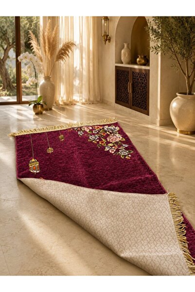 Altınoluk Haremia Micro Chenille Velvet Prayer Rug |   Lined Thick Textured Floral Patterned Prayer Mat