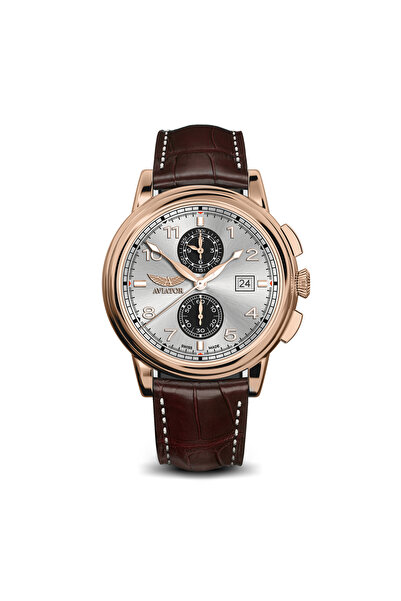 AVIATOR Brand V.2.45.2.412.0 45 mm Chronograph Men's Wristwatch with Brown Le...