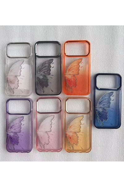 botyco iPhone 18 Pro (6.3 Inch) Compatible Silvery Transparent Butterfly Patterned Color Gradient Processing Stone Detailed Metal Camera Protected Hard Silicone Butterfly Case