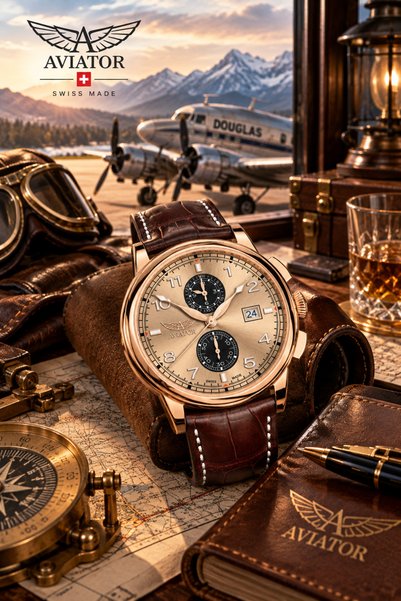 AVIATOR العلامة التجارية V.2.45.2.410.4 ساعة يد رجالية كرونوغراف 45 ملم مع حز...