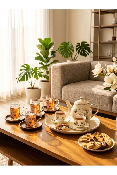 Generic Glass Tea Cups and Coffee Mugs Set with Wooden Serving Trays Elegant Design for High-End Dining Wooden/White/Clear Embossed