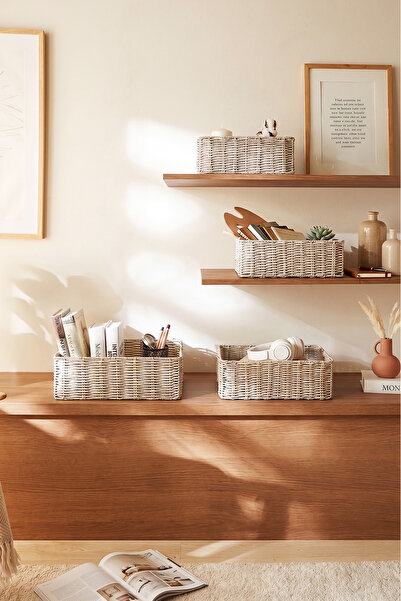 Ocean Home Textile 4'lü Yıkanabilir Gri PP Rattan Dolap İçi Çamaşır Çocuk Odası Oyuncak Düzenleyici Saklama Sepeti Organizer