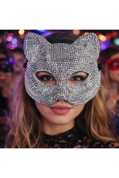 OEM Fancy Cat Carnival Mask with Silver Rhinestones for Women
