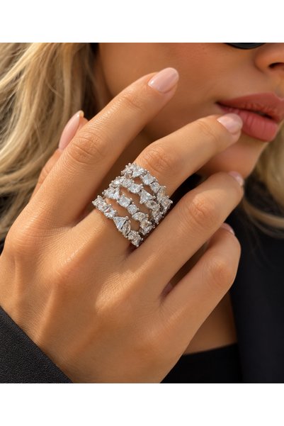 POSEİDONS JEWELLERY Swa Style Zircon Stone Multi-Row Flashy Women's Ring