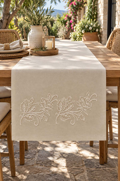 ÖDEL BULDAN Linen Embroidered Runner, Console, Coffee Table Cover-Cream