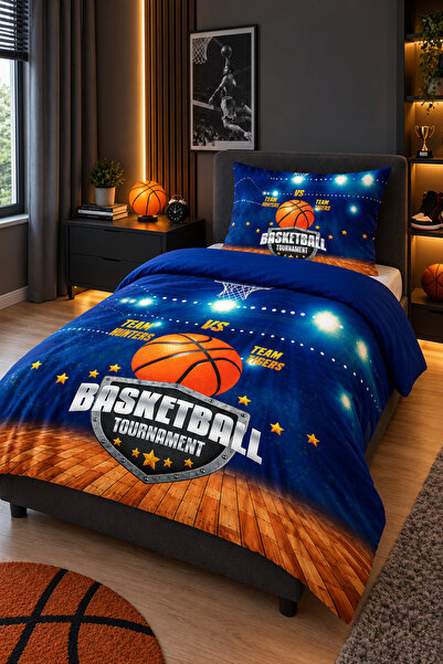 BASKETBOL DESEN - ÖZEL ÜRÜN - %100 PAMUK SATEN - LYOCELL KUMAŞ - PREMIUM - SQUARE BASKI - TEK KİŞİLİK - NEVRESİM TAKIMI / 2 YASTIKLI
