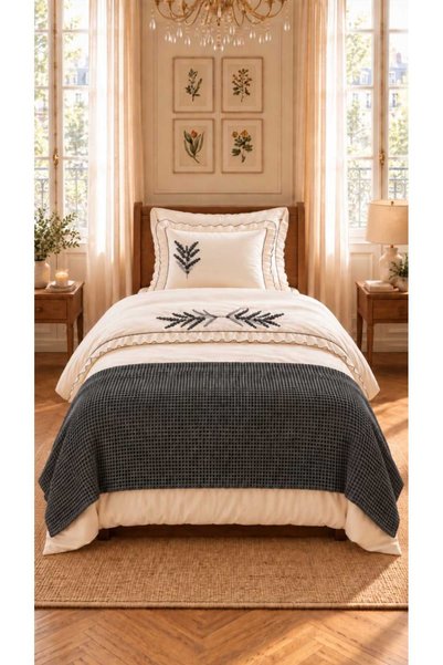 İK TEKSTİL Trigo Gray Floral Embroidered Cotton Duvet Cover Set 5 Piece Modern Single Set with Runner