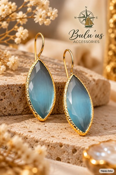 BULU'US ACCESSORIES Kedi Gözü Taşlı Altın Kaplama Sallantılı Küpe – Mavi Meki...