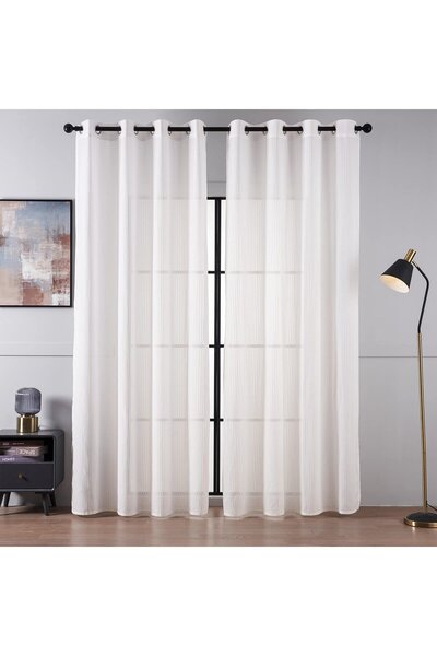 OEM Perdele albe, semitransparente, 140 L x 260 H cm, cu ocheti, cu dungi, se...