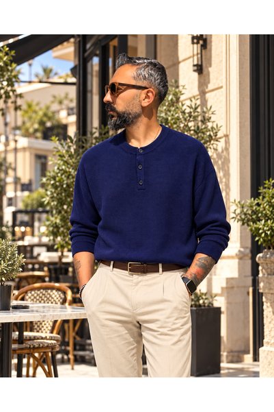 higo Men's Old Money Henley Collar 3 Button Knit Sweater