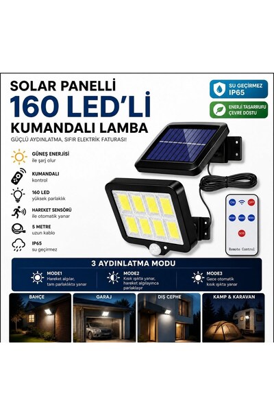 160 LED Solar Bahçe Aydınlatması, 6'lı Güneş Panelli LED Lamba, 5 Metre Kablolu ve Kumandalı