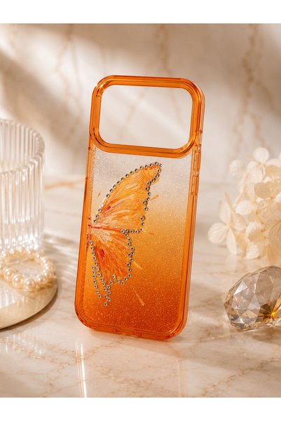 botyco iPhone 18 Pro (6.3 Inch) Compatible Silvery Transparent Butterfly Patterned Color Gradient Processing Stone Detailed Metal Camera Protected Hard Silicone Butterfly Case