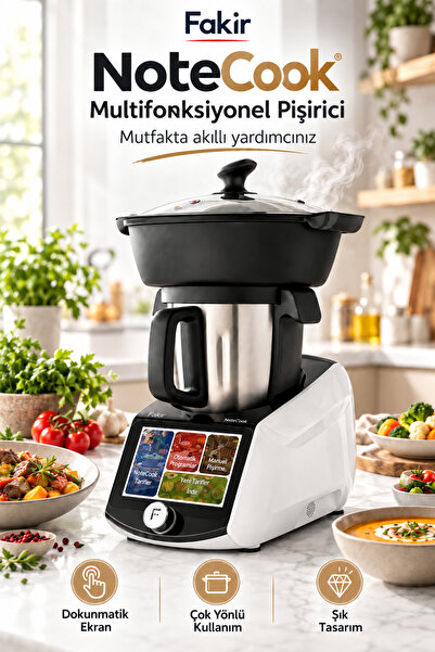 Fakir Multifonksiyonel Yemek Pişirici, 4.5 L Paslanmaz Çelik Hazne, 17 Otomatik Pişirme Fonksiyonu, 7 İnç Dokunmatik Ekran, 100+ Tarif, Entegre Tartı, Buharlı Pişirme, 12 Hız ve App Kontrol 1800W