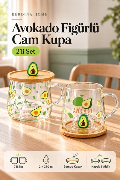 Berdina Home 2li Bambu Kapaklı Avadako Meyve Figürlü Cam Bardak Baskılı Meşru...