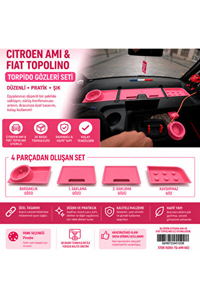 Citroen Ami Fiat Topolino Uyumlu Torpido Düzenleyici Organizer 4 Parça Set – Pembe