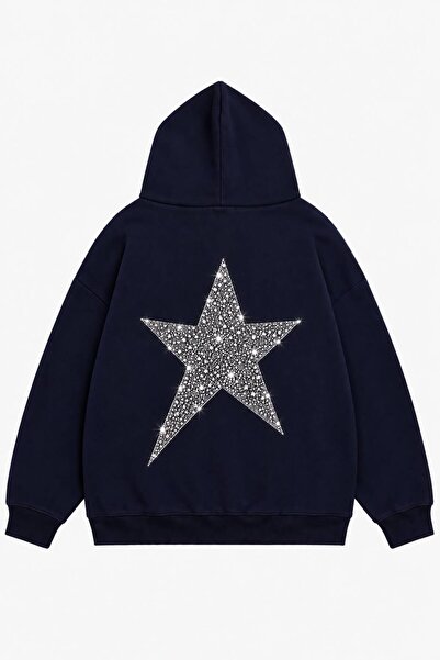 Mad&Calf Kadın Star Taş Baskılı Kapüşonlu Oversize Sweatshirt
