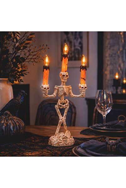 OEM Διακοσμητικό τριπλό κηροπήγιο για το Halloween με σκελετό 28 εκ.