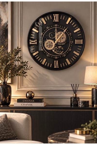 sahane & bazaar Çarklı Metal Duvar Saati 60cm Dekoratif Saat