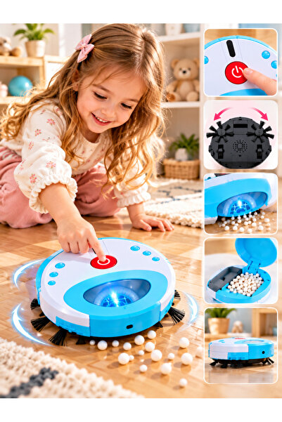 SAZE Pilli Oyuncak Robot Süpürge 19 cm Hareketli Küçük Parçaları Toplayan Evc...