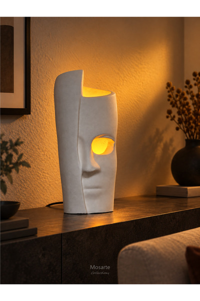 Mosarte Tek Yüz Form Heykelsi Amber LED Dekoratif Masa Lambası – El Yapımı, 3...