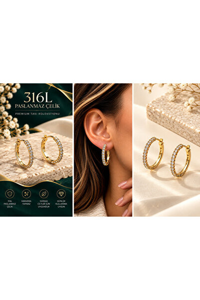 XUPING JEWELRY Altın Renk Taşlı Halka 316L Çelik Küpe – Gerçek Gümüş İğneli