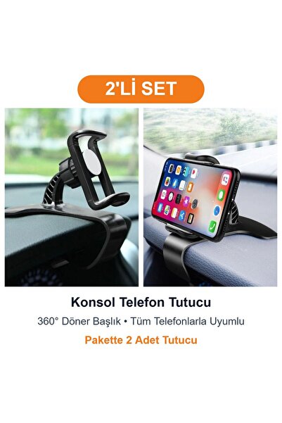 2'li Araç İçi Konsol Telefon Tutucu 360 Derece Döner Başlıklı Telefon Kıskacı Seti
