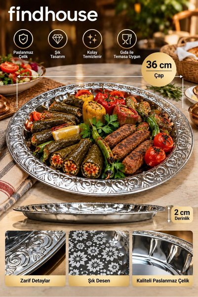 Bulika Lazer İşlemeli Paslanmaz Çelik Papatya Desenli Tepsi Çeyiz , Ev, Cafe ...