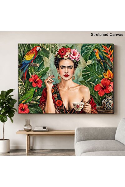 Tropikal Papağan ve Çiçeklerle Frida Kahlo Portresi Kanvas Tablo - Şaseye Gerili Çerçevesiz