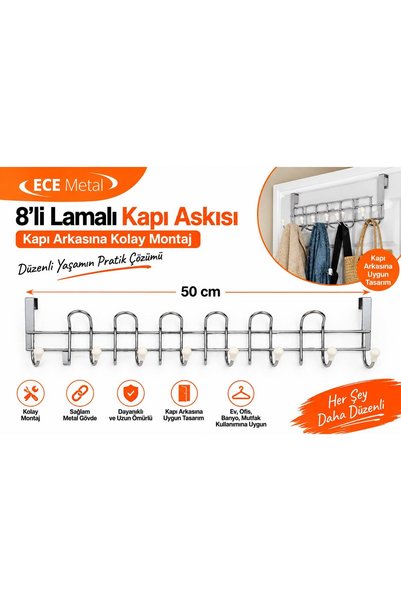 TREND ECE Metal 8’li Lamalı Kapı Arkası Askılık – 50 cm Metal Çok Amaçlı Askı