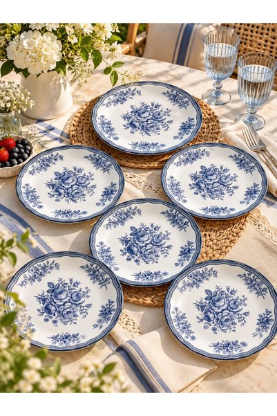Sunumluxe Mavi Antik 6 Kişilik Lüx Pasta Sunum Seti Pasta Tabağı (20 cm)