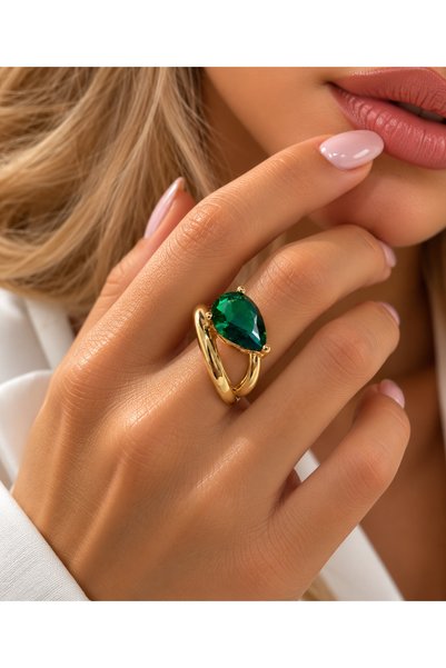 POSEİDONS JEWELLERY Swa Style Green Stone Gold Color Women's Ring