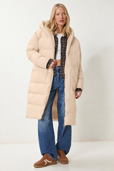 Lovelyİstanbul Hooded Oversize Long Puffer Coat Lnt0001 Cream
