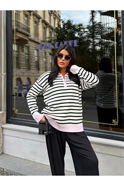 Cistern İstanbul Women's Polo Collar Zippered Striped Knit Sweater