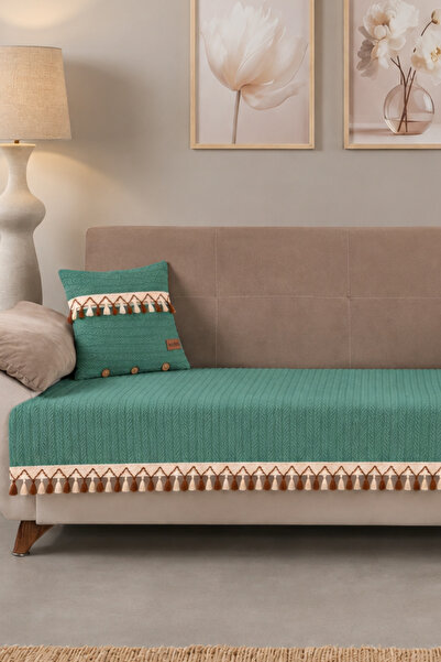 MUEV Modern Bohemian Textured Sofa Cover 1 Piece Cover 85X200 cm and 2 Pillow Cases 40X40 cm - Tassel Detailed