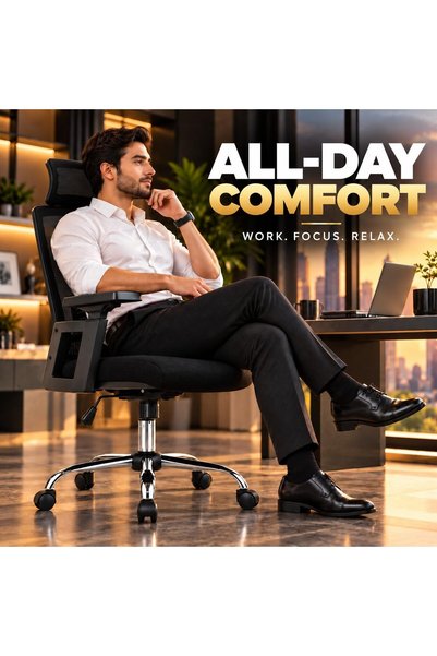 THE RED CREW Comfy-H Ergonomic High-Back Office Chair with Adjustable Headrest, Lumbar Support, Height-Adjustable Armrests, Knee-Tilt Mechanism, Chrome Five-Star Base, Black, 2-Year