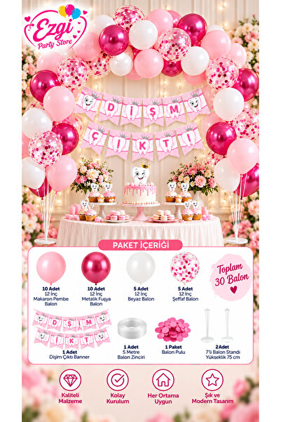 Ezgi Party Store Pembe Diş Buğdayı Süsleme Seti 30 Balon 2 Balon Standı Dişim...