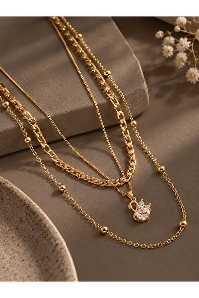 serelya Gold Color Brass Swan Detailed Women's Combination Necklace