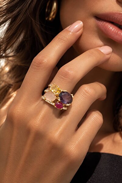 POSEİDONS JEWELLERY ✨ Çok Taşlı Renkli Zirkon Taşlı 925 Ayar Gümüş Yüzük – Go...