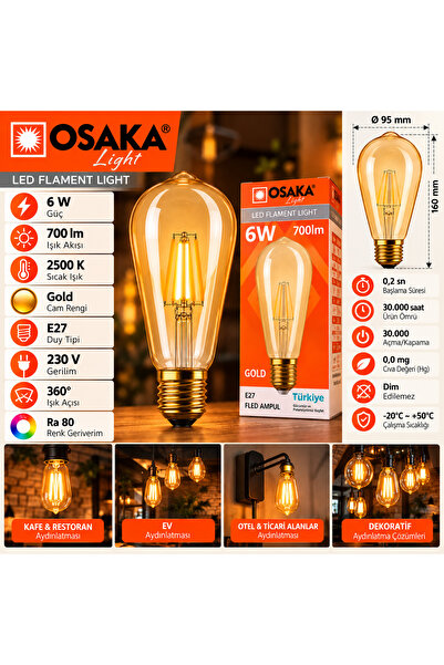 Light Gold LED Filament Rustik Ampul 6W E27 2500K Sarı Işık 700 Lümen