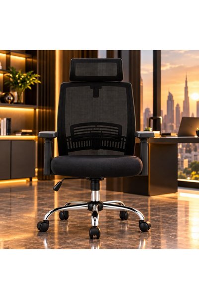 THE RED CREW Comfy-H Ergonomic High-Back Office Chair with Adjustable Headrest, Lumbar Support, Height-Adjustable Armrests, Knee-Tilt Mechanism, Chrome Five-Star Base, Black, 2-Year