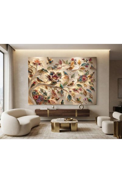 zeyrada Premium Özel Tasarım Modern 3D Efektli Işıklı Kuş ve Ağaç Motifli Ren...